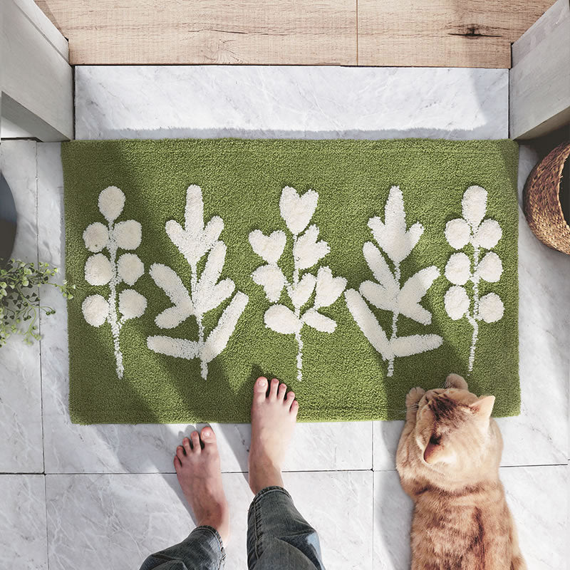 Honlakerx Green Leaves Flocking Bath Mat Non-slip